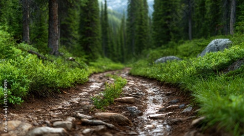 A captivating, narrow path meandering through a dense lush green forest, inviting adventure and exploration into a wild and untouched natural environment held in calmness.