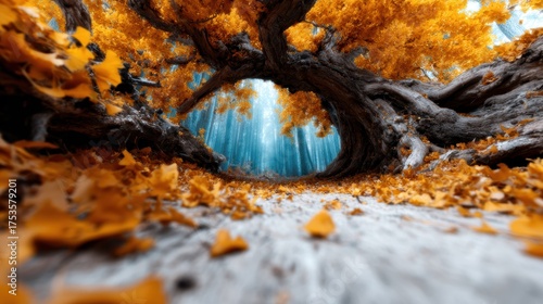 A stunning view of a mystical oak tree with bright orange leaves set against a backdrop of blue mist, capturing the beauty of nature during the fall season in an enchanted forest.