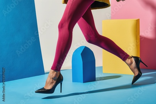 Women’s Legs in Bold-Colored Tights and Luxury High Heels Playfully Kicking Against Retro Background, Studio Fashion Photography
