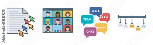 Digital collaboration icons with document editing cursors, a video call interface, colorful chat bubbles, and a workflow diagram.