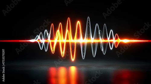 A vibrant audio wave pulses with fiery orange and white light against a dark, reflective background