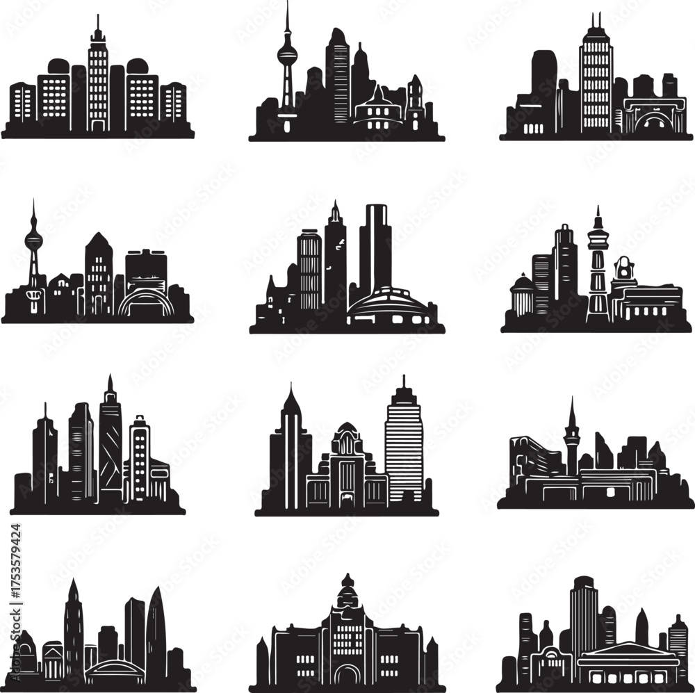 Naklejka premium Silhouetted Cityscape Vector Graphics Collection Showcasing Diverse Architectural Styles and Urban Landscapes in a Striking Black and White Design