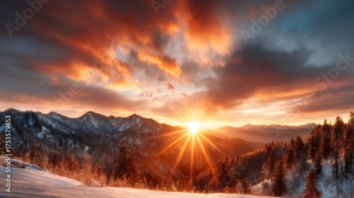 A breathtaking panoramic view showcasing a dramatic sunset casting vibrant colors across majestic mountain ranges, creating a stunning natural landscape that inspires awe and wonder.