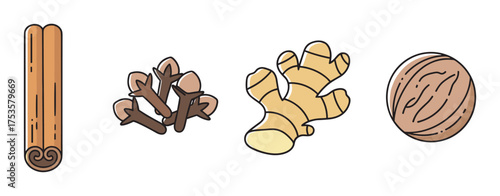 Illustrated icons of a cinnamon stick, cloves, ginger root, and nutmeg, representing common spices used in cooking and baking.