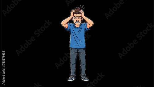 Vectored illustration of a man clutching his head, overwhelmed by stress, anxiety, or a migraine, depicting intense mental pressure and frustration