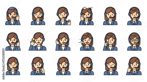 Set of female customer service representative icons with various emotions and actions