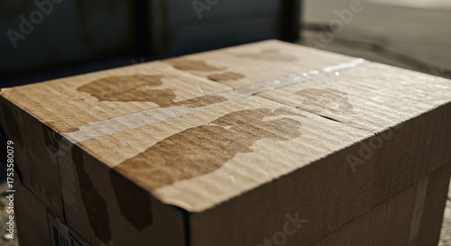 Cardboard box with water damage close up shot for conceptual visuals