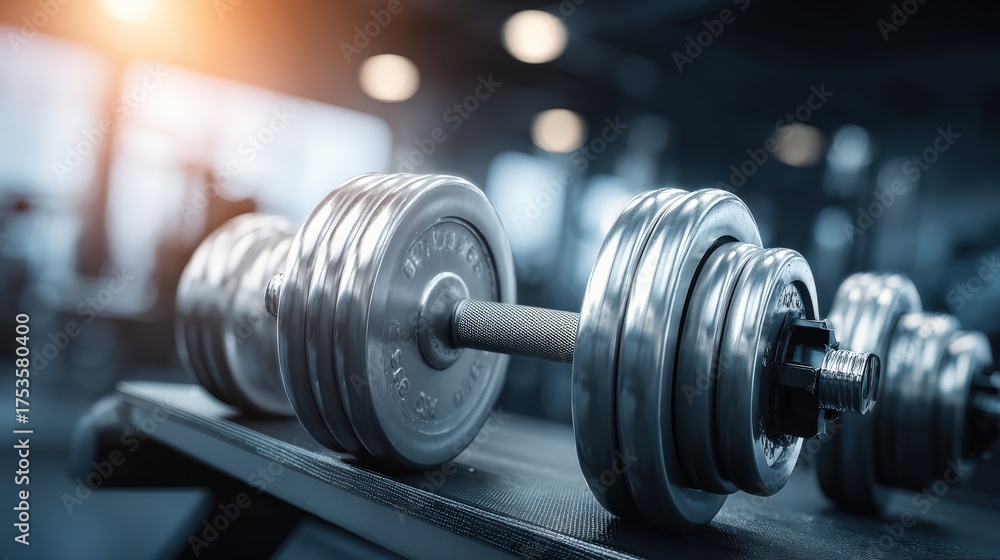 Fototapeta premium Close up of a metallic dumbbell on a gym bench with soft lighting
