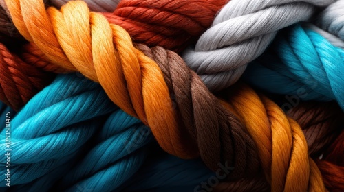 An artistic display of colorful knotted ropes showcases intricate patterns, highlighting creativity and texture in a vibrant, dynamic composition that draws the eye.