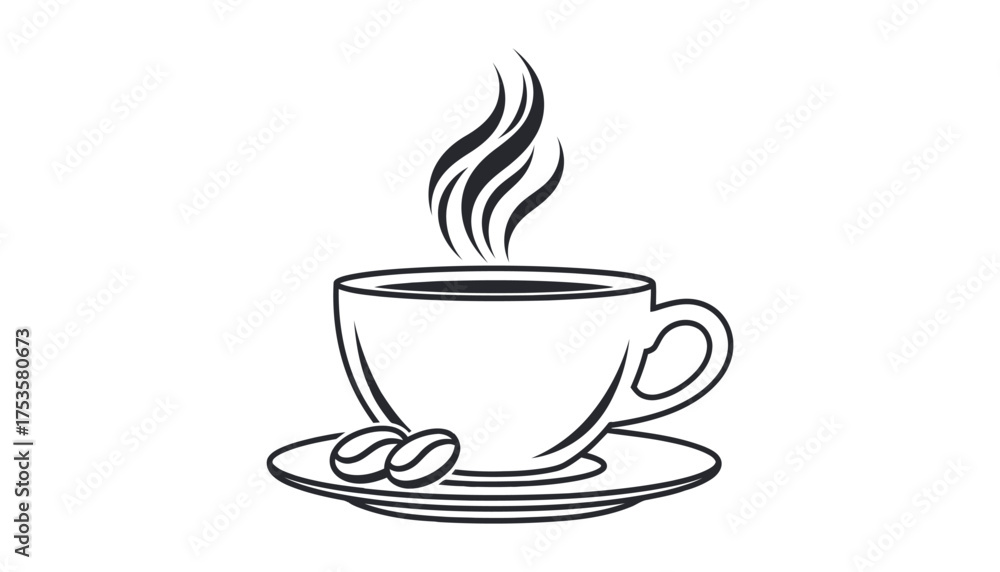 Obraz premium Vector art of a steaming cup of coffee with coffee beans