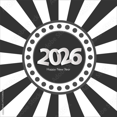 Circle vintage banner with lights on retro black and white background. New Year 2026 concept.  Christmas and Chinese New Year decor. New year card or sale concept. Vector illustration