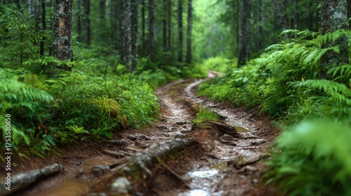 A peaceful forest trail meandering through lush green foliage, evoking a sense of calm and connection to nature amidst tall trees and rich vegetation.