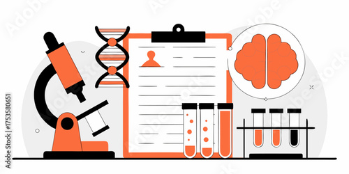 Medical Research Illustration Flat Style Science Experiment Healthcare Dna Clipboard Brain Laboratory Equipment Vector Graphic Test Tubes Microscope Scientific Examination Analysis Diagnostic