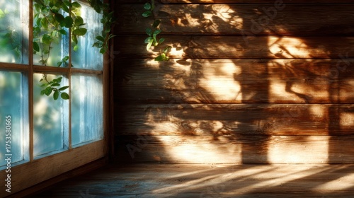 A beautifully lit rustic interior space featuring organic wooden walls and soft shadows that create an inviting atmosphere harmonizing nature and comfort.