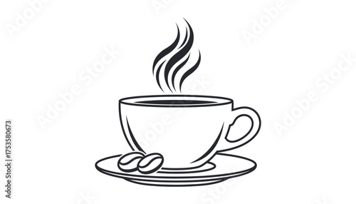 Vector art of a steaming cup of coffee with coffee beans