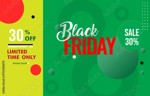 Energetic Black Friday sale banner with bold text on a vibrant green background. Playful design with abstract shapes, circles, and a prominent discount offer to create hype