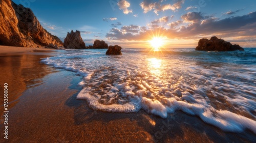 This captivating image showcases a breathtaking sunset over a rocky beach, with gentle waves lapping against the shore, creating a peaceful and serene atmosphere.