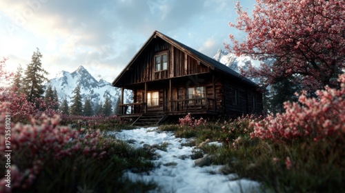 A picturesque wooden cabin stands amidst vibrant pink blossoms and majestic mountains, embodying tranquility and natural beauty in a serene floral landscape.
