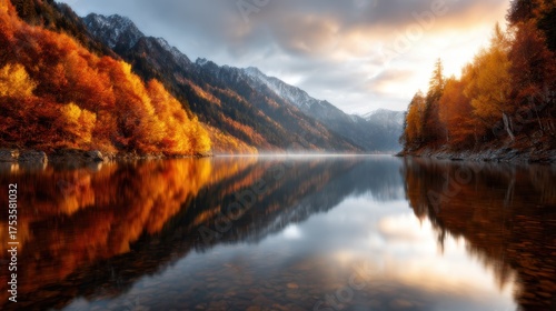 A serene lake reflects the breathtaking autumn foliage and surrounding mountains, creating an enchanting landscape of color and tranquility in nature's glory.