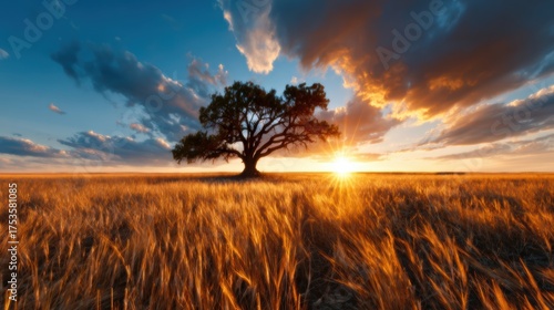 A solitary tree stands tall against a stunning sunset, capturing the essence of peace and solitude in an expansive field filled with golden hues, symbolizing nature's beauty and tranquility.