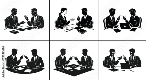 Business meeting silhouettes, handshake scene, professional discussion, desk interaction, laptop and documents, corporate agreement, black and white, office icons