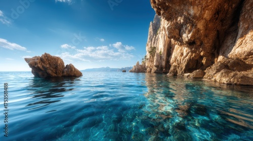 A picturesque view of tranquil waters and majestic rock formations under a clear blue sky, inviting you to relax and connect with nature's serene beauty and power.