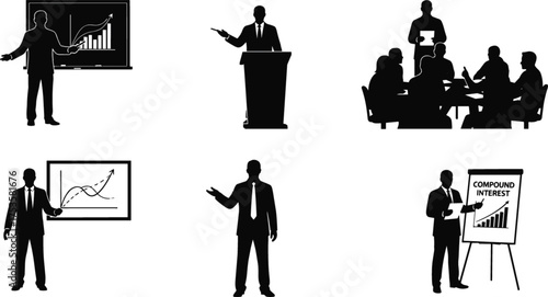 Business presentation, compound interest, financial education, team meeting, podium speech, chart analysis, whiteboard graph, leadership, strategy, professional silhouettes