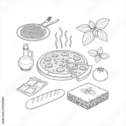 A black  and white drawing of food and drink items. Dolce vita. The drawing is of a picnic italian summer scene with a basket of food and drinks