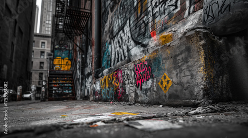 Weathered Concrete Wall Corner Covered in Colorful Graffiti in Gritty Urban Alley