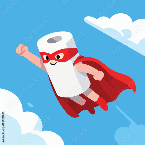 Toilet paper roll superhero flying with cape, quirky humor flat vector illustration