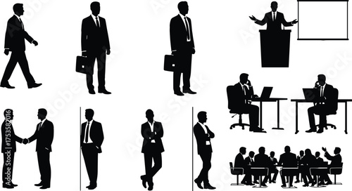 Business scenario silhouettes, professional interaction, meeting icons, presentation scene, handshake, briefcase, office posture, black and white, workplace concept