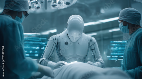 Futuristic AI Robotic Surgeon Performing Operation with Two Human Surgeons Assisting in Operating Room