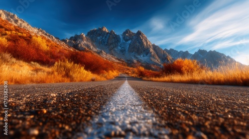 A peaceful road lined with vibrant autumn foliage leads towards majestic mountains, showcasing nature's beauty and serenity captured in a perfect landscape composition.