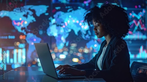 A focused woman types on a laptop before a vibrant, data-rich global map and glowing charts backdrop
