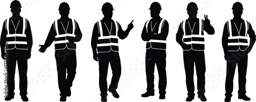 Construction worker silhouettes, safety vest, hard hat, gesture icons, site communication, industrial pose, black and white, workplace safety