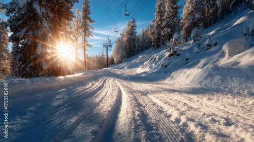 A picturesque winter landscape featuring snow-covered trails and towering trees bathed in soft sunlight, evoking a sense of calm and peacefulness in the serene setting.