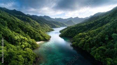A captivating aerial view of a lush green valley embraced by mountains with a serene winding river, showcasing the breathtaking beauty of untouched nature in harmony.