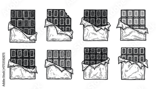 Vector art of collection of dark chocolate bars in wrappers