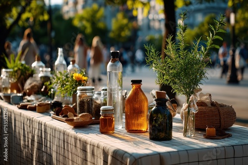 Bottles, jars, and herbs create a vibrant market scene during a sunny afternoon in the heart of the town