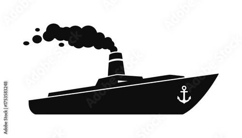 Vector art of silhouette of a steamship with an anchor
