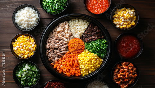 Arranged Food Bowl Composition with Meat and Vegetables: Top Down Shot of Culinary Art and Fresh Ingredients