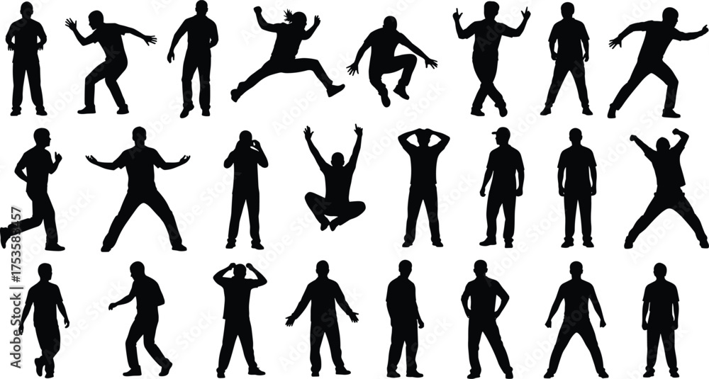 Fototapeta premium Human movement silhouettes, dynamic poses, gesture variety, running, jumping, crouching, standing, expressive posture, black and white, figure reference