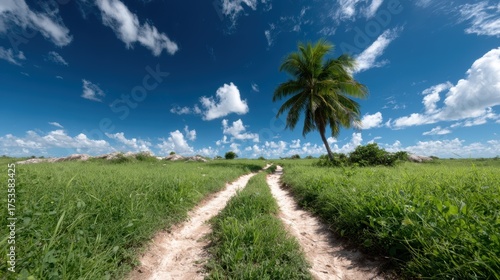 This breathtaking landscape depicts a sandy pathway surrounded by vibrant green grass and a lone palm tree under a stunningly blue sky, inviting outdoor adventure and tranquility.