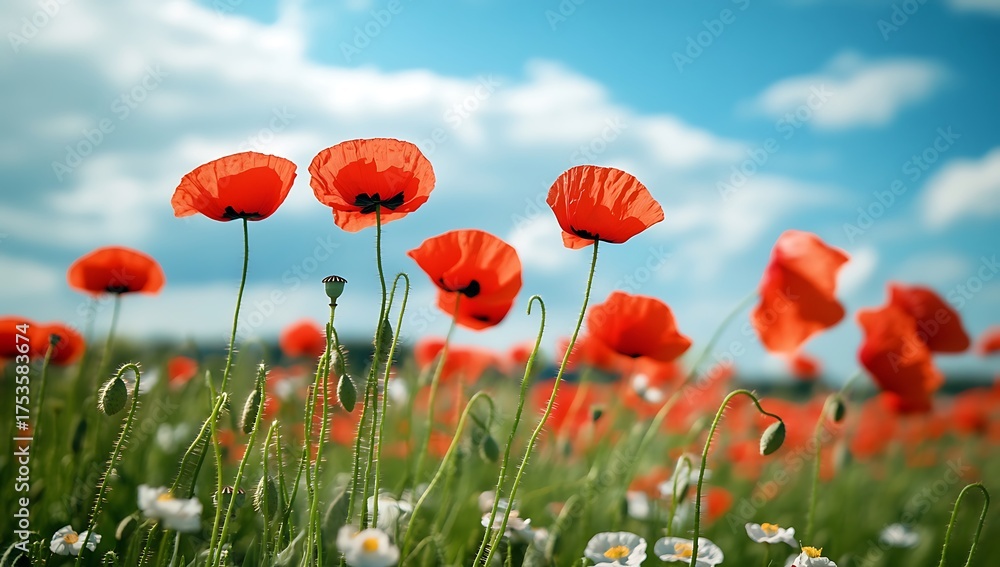 Obraz premium Vivid Red Poppy Field Under Azure Sky: A Captivating Floral Landscape with Delicate Blooms and Lush Greenery in a Serene Outdoor Setting bathed in Sunlight