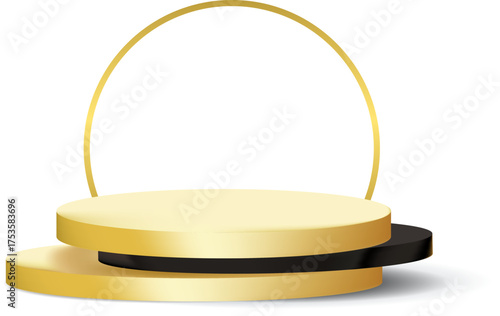 Realistic 3D vector illustration of a golden and black podium with a circular frame. The composition has no background