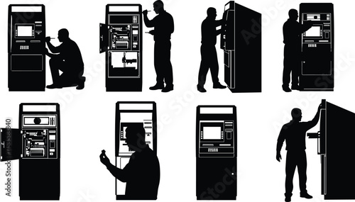 Kiosk interaction, ATM maintenance, automated machine use, technical inspection, touchscreen operation, silhouette figures, service panel access, public technology, repair tasks