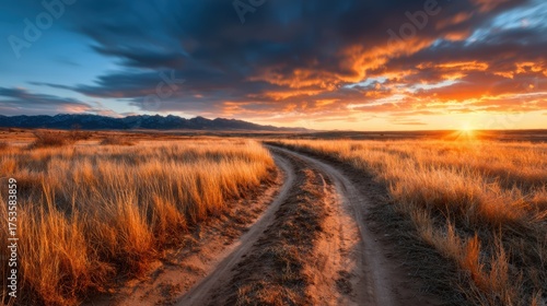 A breathtaking sunset casts warm hues over a winding dirt road, creating an inviting pathway through golden grasslands against a backdrop of majestic mountains.