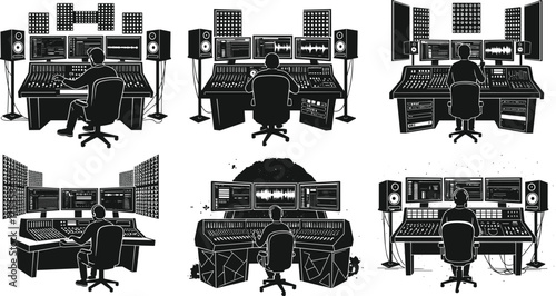 Music production studio, sound engineering, mixing console, audio workstation, silhouette setup, speakers, monitors, control panel, multimedia design, soundproof room