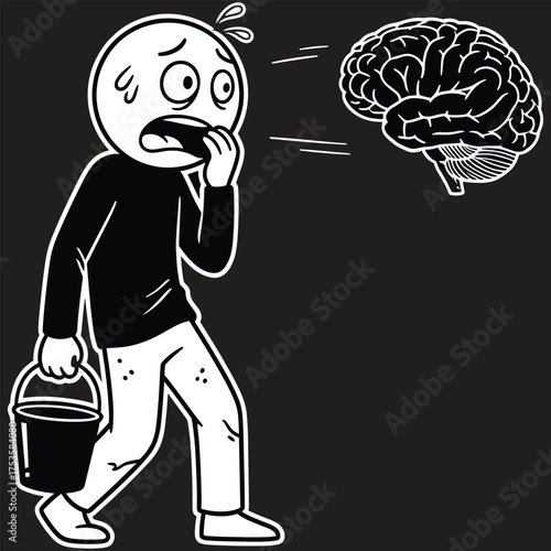 Man sweats, looking horrified at brain escaping head, carrying bucket, black background cartoon