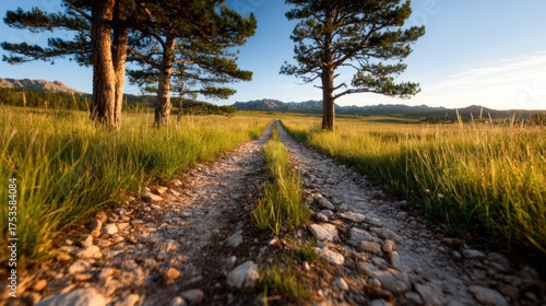 A tranquil dirt path flanked by tall trees leads into a picturesque landscape, creating a sense of journey and connection with nature's beauty and serenity.